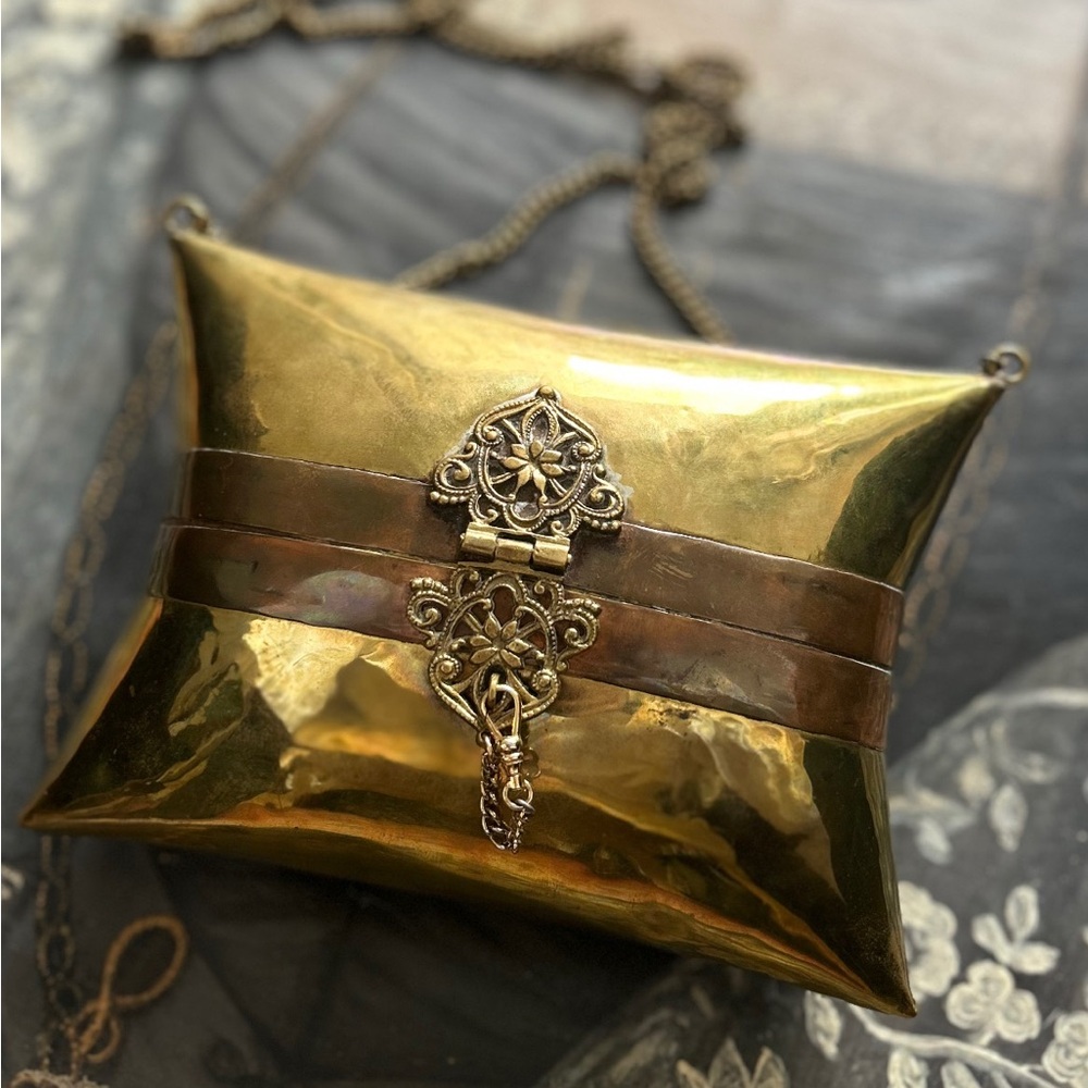Antique Brass Pillow Purse with Chain Strap and Velvet Lining